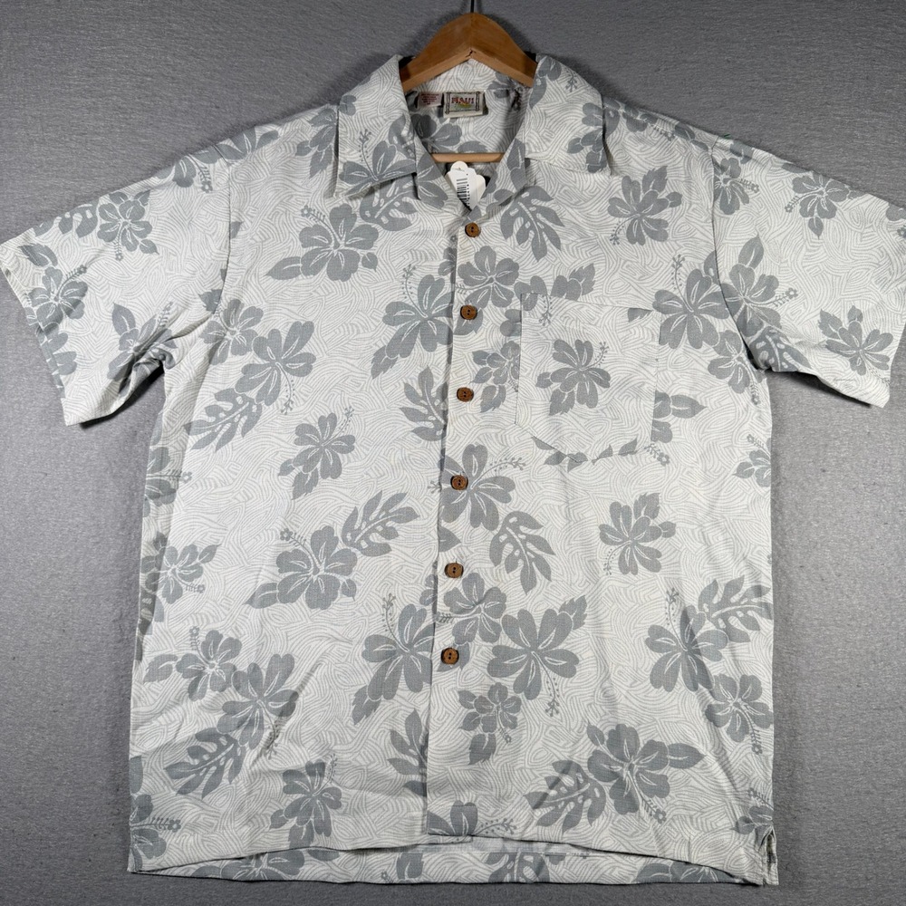 Maui‎ Trading Company Mens Hibiscus Floral Hawaiian Shirt Grey White Medium